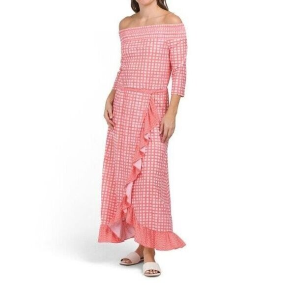 CABANA LIFE Dress Size L Nantucket Off‎ The Shoulder Maxi  UPF 50+  Sunday NEW - Picture 1 of 16